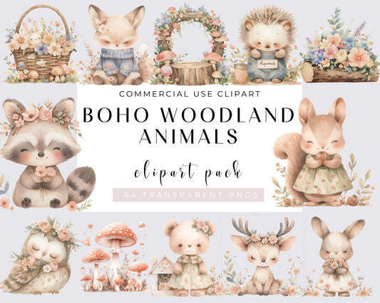 Cute Boho Woodland PNG Clipart - Transparent Boho Woodland Animals PNG Bundle - Cute Woodland Clipart - High Quality PNGs - Commercial Use