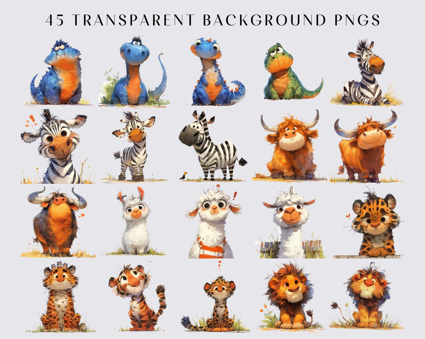 Quirky Animals PNG Clipart Bundle Whimsical Safari animals dog cat dinosaur Sublimation clip art Whimsy Birthday graphics Silly illustration