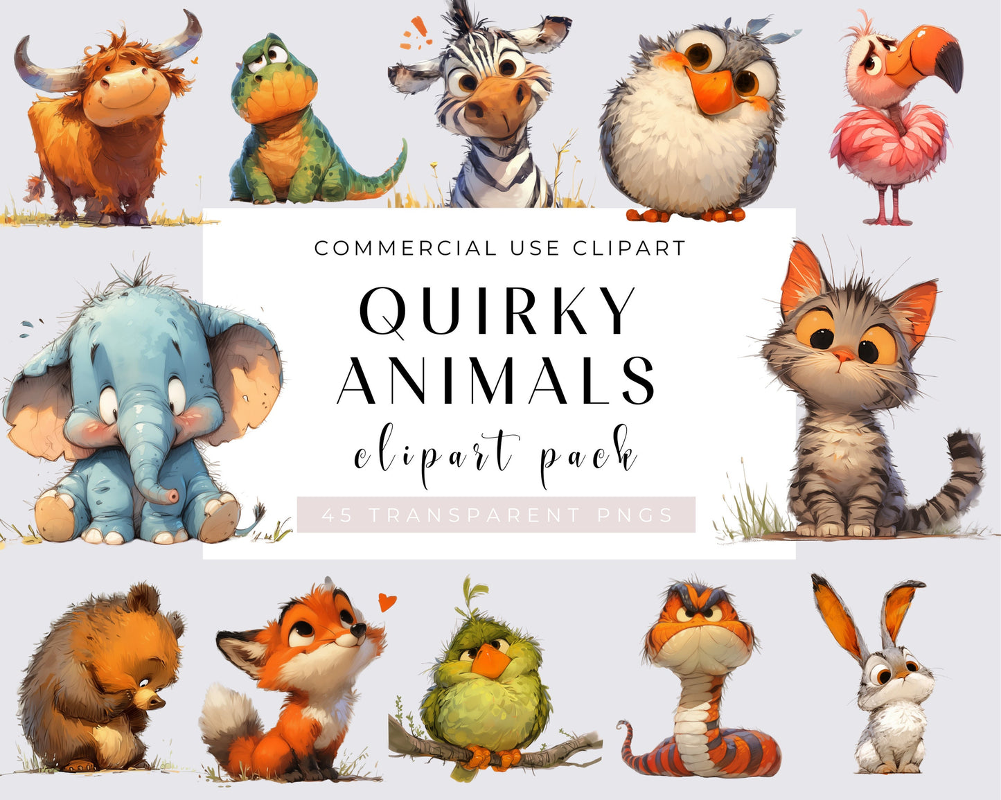 Quirky Animals PNG Clipart Bundle Whimsical Safari animals dog cat dinosaur Sublimation clip art Whimsy Birthday graphics Silly illustration