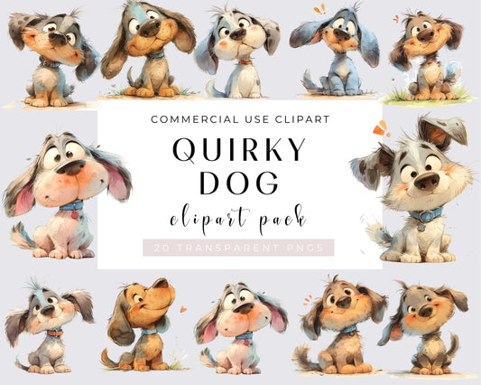 Quirky Dog PNG Clipart Bundle Whimsical Dog, Sublimation clipart, Whimsy Birthday graphics, Silly illustration, Commercial use