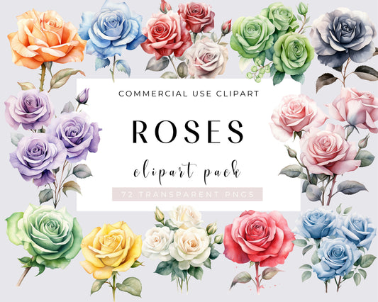 Watercolor Blush Roses Clipart - Watercolor Floral clipart - Pink, Green, Red, Green, Violet, Blue rose flowers, Wedding flowers