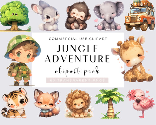 Jungle Adventure Clipart Bundle, Cute Safari, Watercolor Animals PNG, Hippo, Lion, Giraffe, Tiger, Elephant, Baby Shower, Digital Download