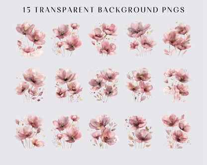 12 Abstract Dusty Pink Flowers Clipart, Floral Print, Printable Watercolor Clipart, High Quality PNGs, Digital download, Transparent