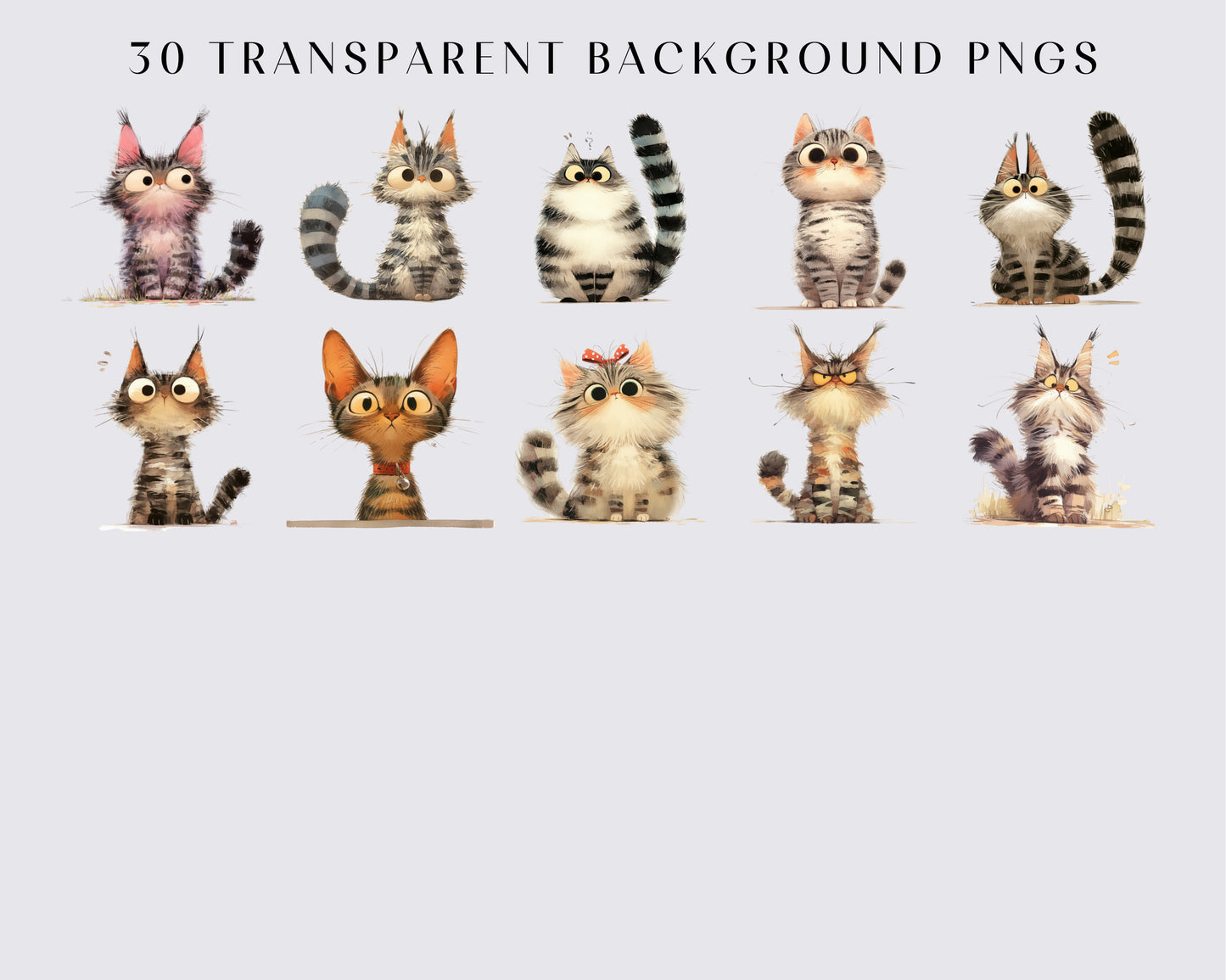 Funny and Cute Cat Clipart PNG Bundle, Watercolor Quirky Animals Clip Art, Printable Transparent Art | Digital Download | Commercial Use