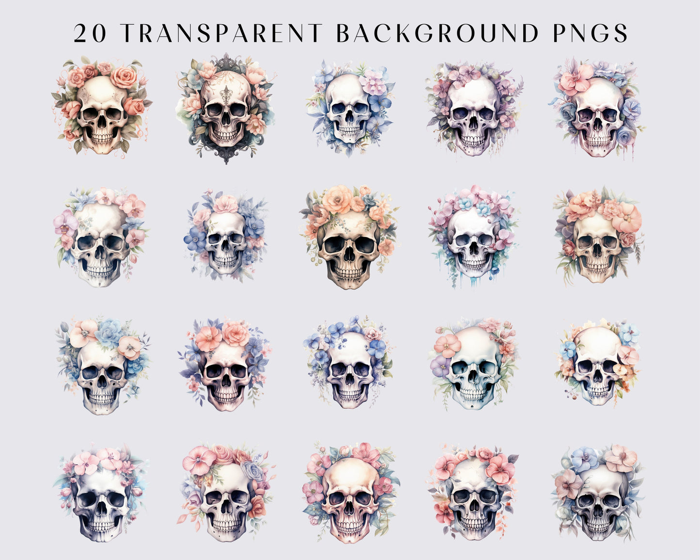 20 PNG Watercolor Floral Skull Clipart, Gothic Clipart, Fantasy Clip art, Floral Skull Clip Art Bundle, Witch PNG, Skull PNG, Wiccan clipart