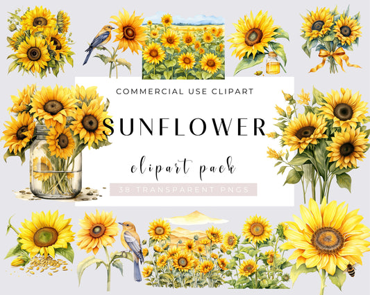 Bucket of Sunflowers Clipart, Watercolor Sunflower PNG, Botanical Art, Card Making, Journaling, Digital Paper Craft, Digital PNG