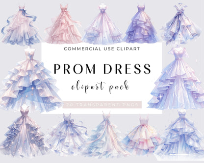 Beautiful Prom Dresses Clipart, Watercolor, Pastel, Ballet Dancing Dresses Illustrations, 20 PNG Images, PNG, Bundle, Fashion, Scrapbooking