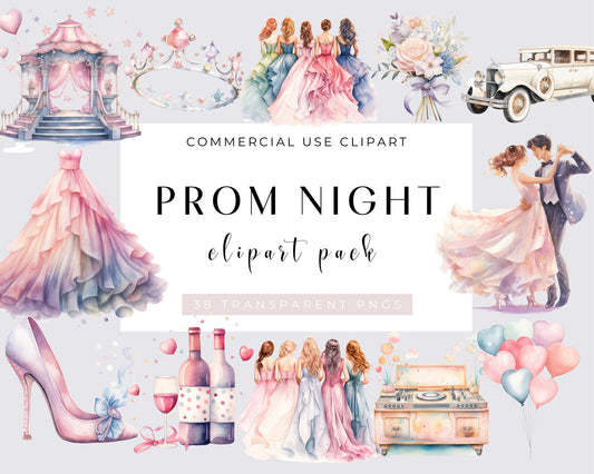 Prom night, Girl in Ball Gown Watercolor Clipart Bundle, Transparent 38 PNG, Digital Download, Prom Fashion, Party night, Dresses