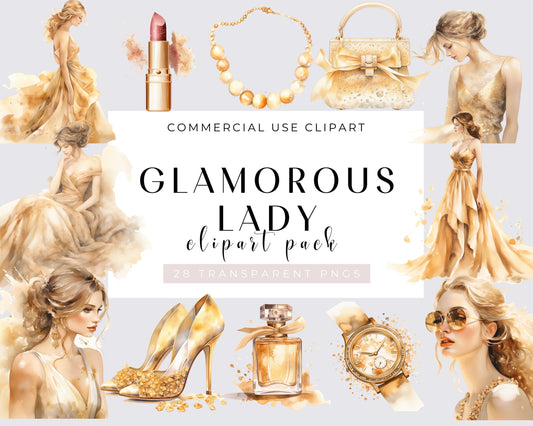 Glamorous Girl Clipart, Glamour Lady, Dress Watercolor Clipart Bundle, 28 Transparent PNG, Digital Download, Beautiful Woman, Fashion