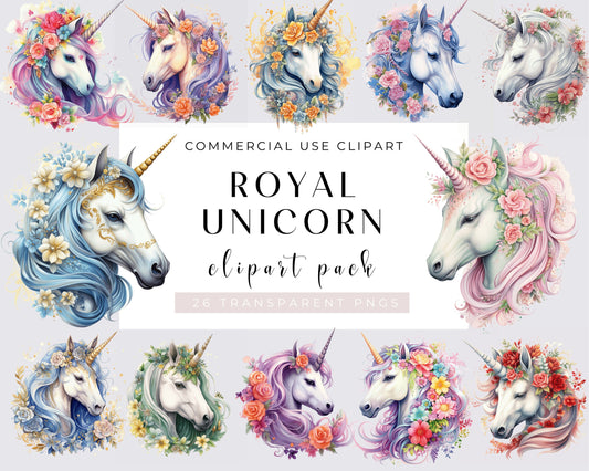 26 PNG Watercolor Royal Unicorn Clipart, Floral Unicorn Clip Art, Fantasy Unicorn png, Magic unicorn graphic, Mystical art, Unicorn Birthday