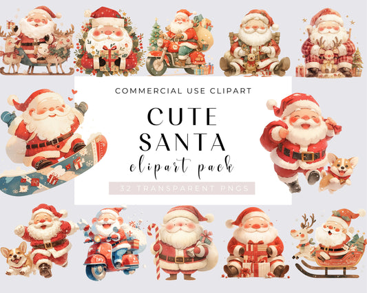 32 Cute Santa Clipart, Santa Claus Art for Christmas Crafts and Decor | PNG Bundle | Digital Download | Sublimation Pack of Kawaii X-mas PNG