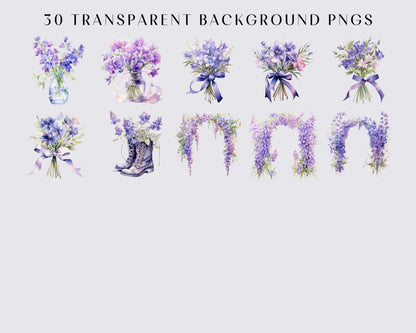 Watercolor Larkspur Clipart - Spring wedding flowers, Floral, Flower clipart, 30 PNGs, Instant download, Commercial use