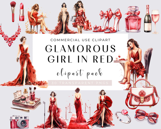 Glamorous Girl in red Clipart, Glamour Lady, Dress Watercolor Clipart Bundle, 30 Transparent PNG, Digital Download, Beautiful Woman, Fashion