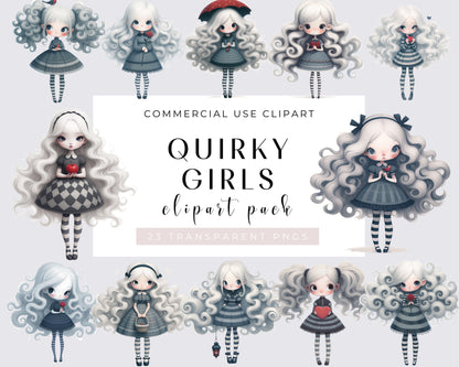 23 Quirky Girl Clipart, Whimsical, Watercolor PNGs, Transparent background, Junk Journal, Instant download, Cute Girl