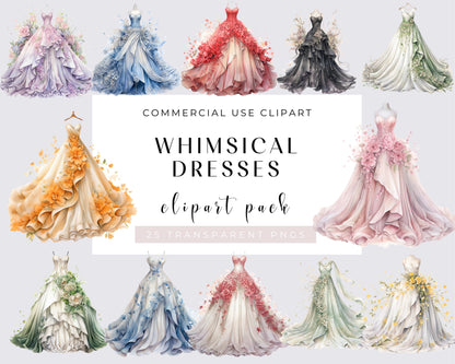 Watercolor Floral Wedding Dresses Clipart, Whimsical Flower Dresses and Gowns, 25 PNGs, Instant download, Commercial use