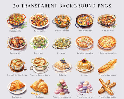 French Cuisine Watercolor Clipart Bundle - 20 PNG Gourmet Pastry, Paris Cafe, French Bistro, Paris Bakery Shop, Instant Download