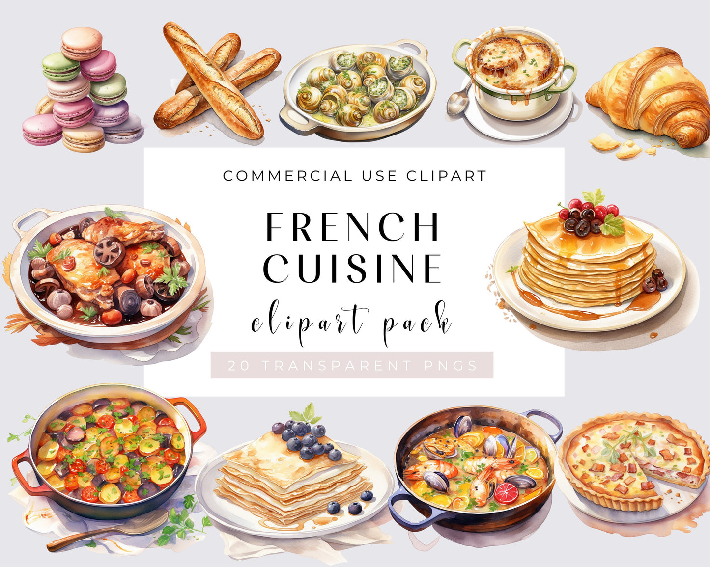 French Cuisine Watercolor Clipart Bundle - 20 PNG Gourmet Pastry, Paris Cafe, French Bistro, Paris Bakery Shop, Instant Download