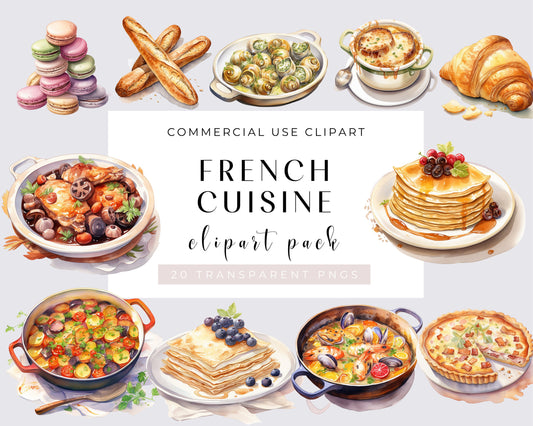 French Cuisine Watercolor Clipart Bundle - 20 PNG Gourmet Pastry, Paris Cafe, French Bistro, Paris Bakery Shop, Instant Download