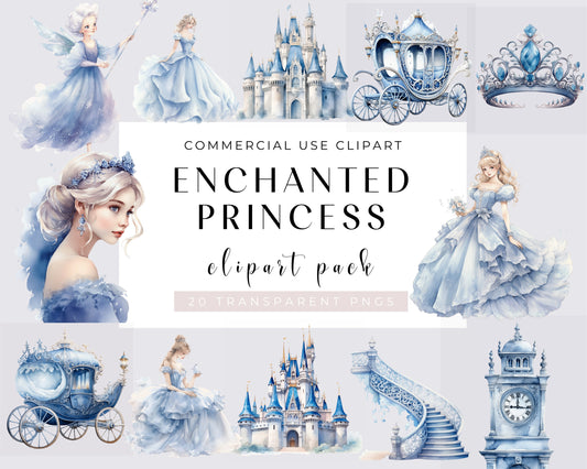 Enchanted Princess Clipart Bundle, Watercolor Princess PNG, Blue Princess Clipart, Baby Cinderella, Cinderella, Fairytale Clipart