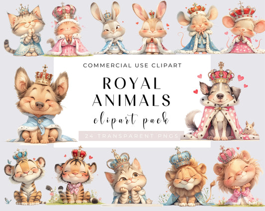 24 Royal Animal Clipart Collection, Quirky Animal, Whimsical animal Clipart PNG, Watercolor, Commercial Use, Scrapbooking, Card Making