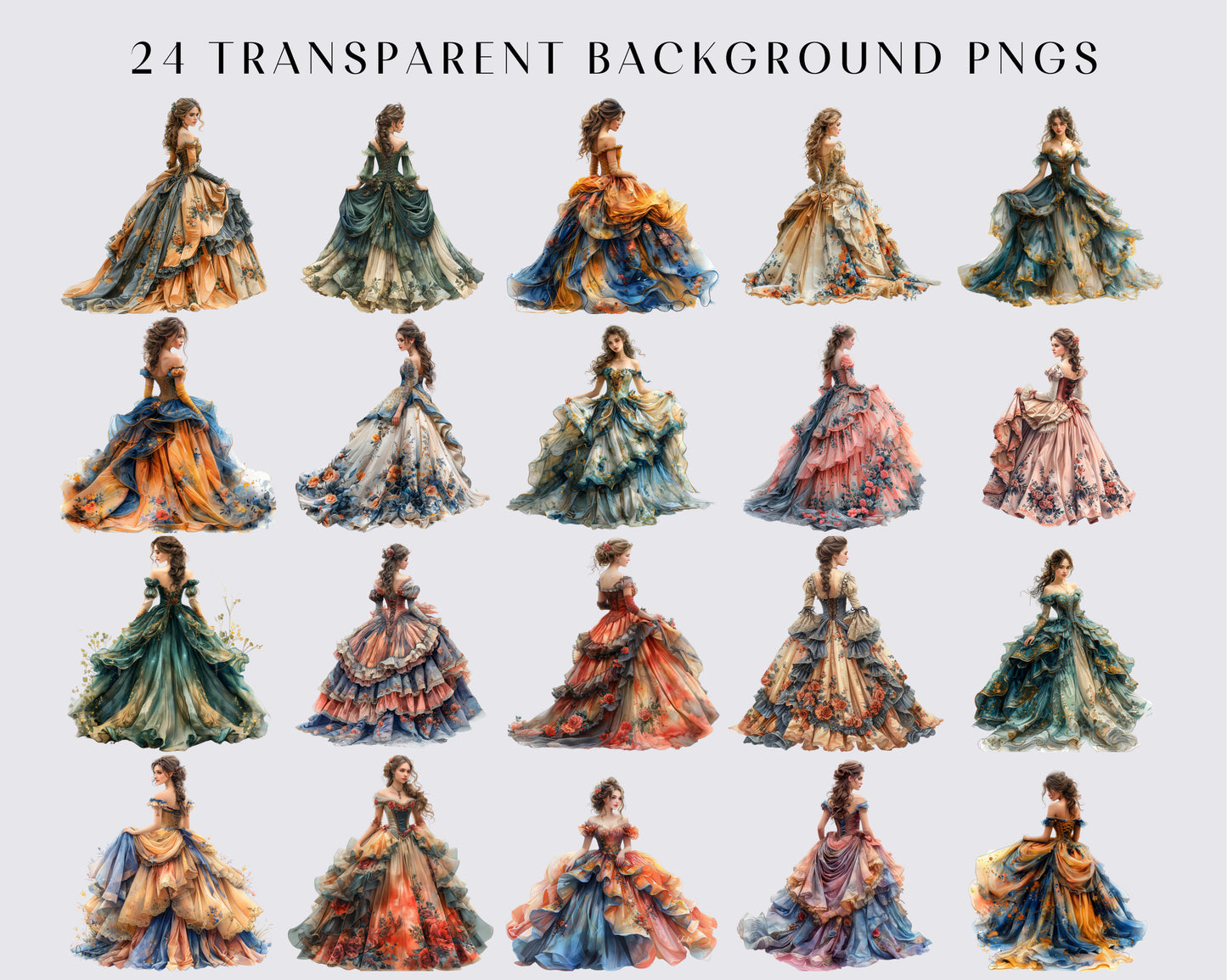 Watercolor Floral Wedding Dresses Clipart, Whimsical Flower Dresses, Rococo dress, 24 PNGs, Instant download, Commercial use