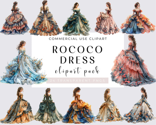 Watercolor Floral Wedding Dresses Clipart, Whimsical Flower Dresses, Rococo dress, 24 PNGs, Instant download, Commercial use