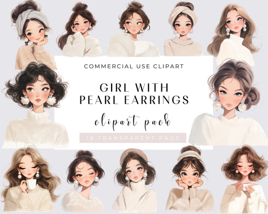 Watercolor Girl with Pearl earings Clipart, Whimsical Girl, Quirky Girl, 18 PNGs, Instant download, Commercial use