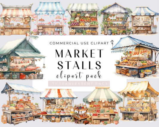 Watercolor Market stalls Clipart, Farmer Market, Farmer, Fish Market, Fruits Basket, Butchery, Vegetables Shop, 71 PNGs, Instant Download