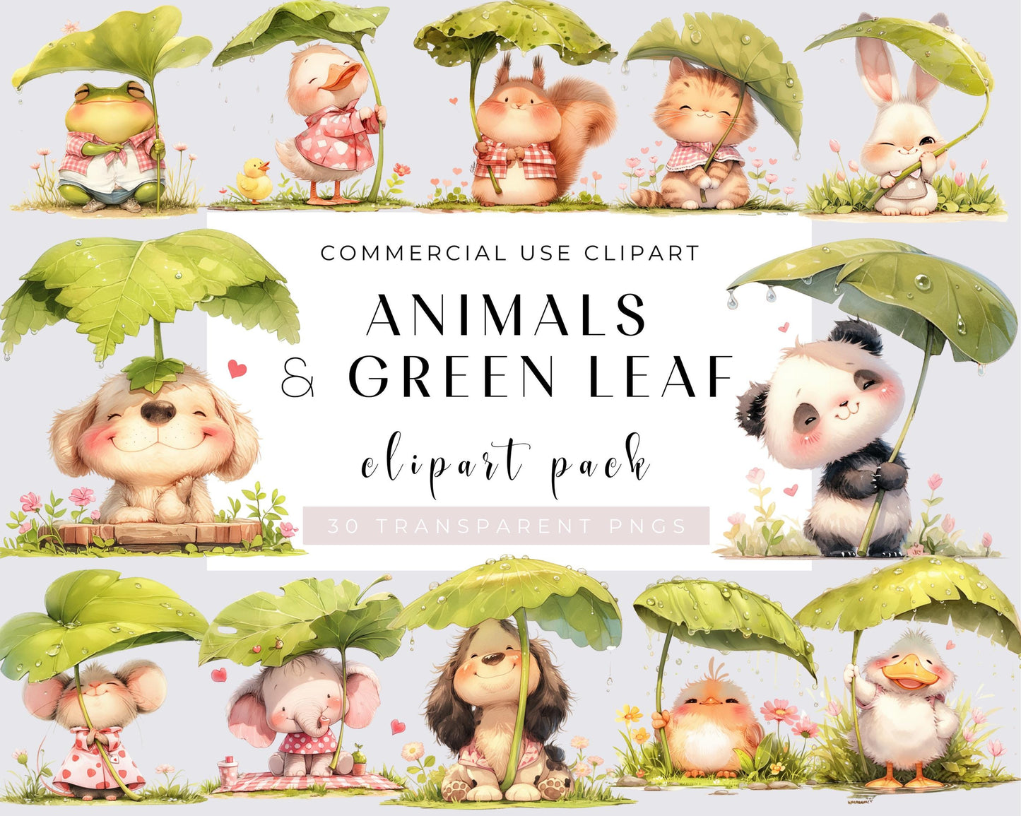 Watercolor Baby Animals & Green leaf Clipart, 30 PNG Animals Clipart, Cute Baby Animals Bundle, Nursery Animals, Commercial Use, Download