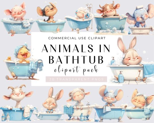 Watercolor Animals in Bathtub Clipart, 20 PNG Animals Clipart, Cute Baby Animals Bundle, Nursery Animals, Commercial Use, Download