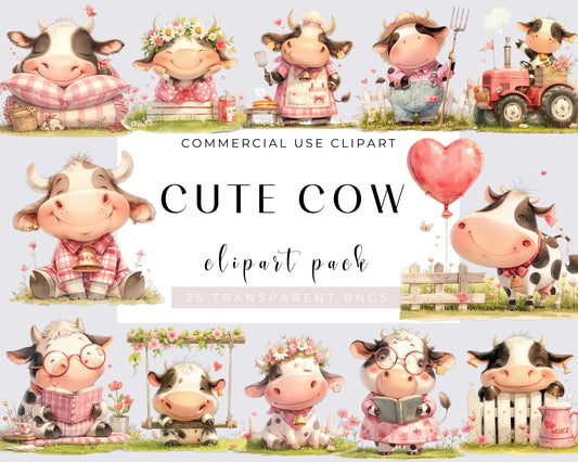 25 Cute Cow Clipart Bundle, Adorable Farm Animal, Farm Barn Animal PNG Clipart, Quirky Cow PNG, Digital Paper Craft, Cow Clipart