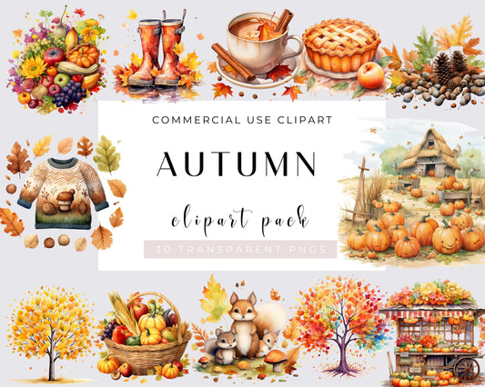 Watercolor Autumn clipart, Autumn Clipart Download, Cozy Fall Clipart, Cottagecore Fall, Pumpkin Clipart, Neutral Fall, Rustic Autumn Mood