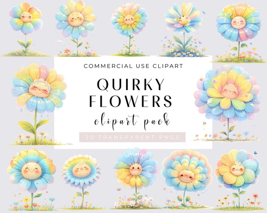 20 Watercolor Quirky Flowers, PNG Clipart Bundle, Flower clipart, Summer clipart, Spring clipart, Flowers Illustrations | Commercial Use