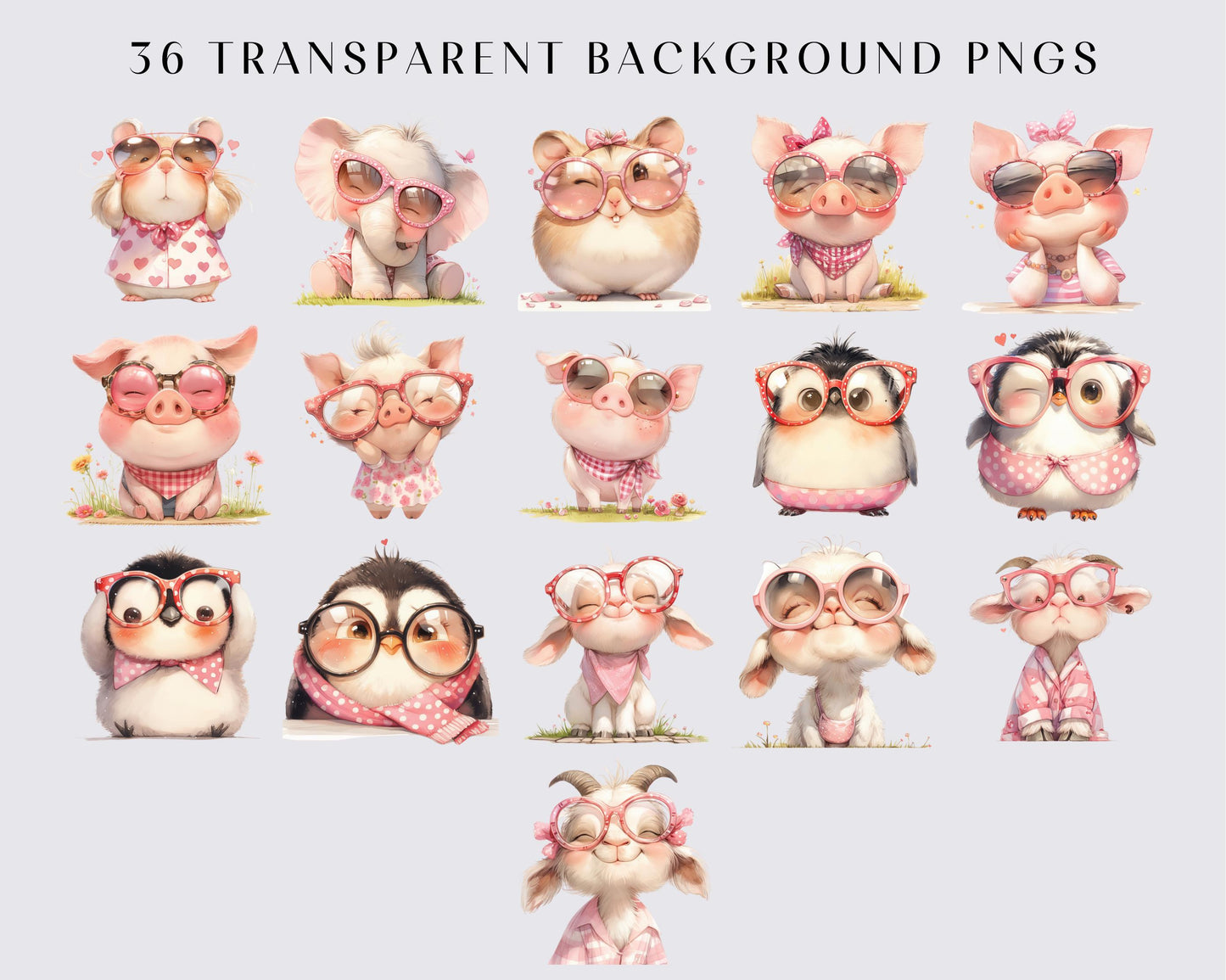 Watercolor Baby Animals wear glasses Clipart, 36 PNG Animals Clipart, Cute Baby Animals Bundle, Nursery Animals, Commercial Use