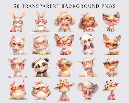 Watercolor Baby Animals wear glasses Clipart, 36 PNG Animals Clipart, Cute Baby Animals Bundle, Nursery Animals, Commercial Use