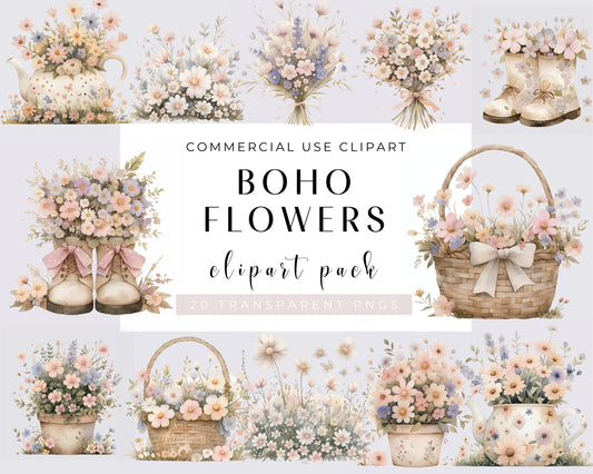 Watercolor Boho Flower Clipart, Vintage floral, PNG graphics, Instant download for commercial use