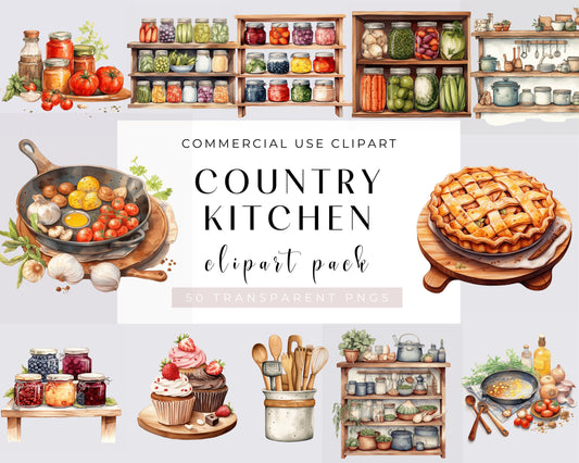 50 Watercolor Kitchen Clipart, Watercolor Rustic Cooking Clipart bundle, Rustic vintage cottage Instant Download, Commercial Use