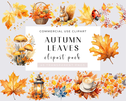 Watercolor Autumn leaves clipart, Autumn Clipart Download, Cozy Fall Clipart, Cottagecore Fall, Neutral Fall, Rustic Autumn Mood, 45 PNGs