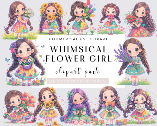 20 Whimsical flower Girl Clipart, Quirky Girl, Flower Girl, Commercial Use, Whimsical girl, Watercolor PNGs, Instant Download, Cute Doll