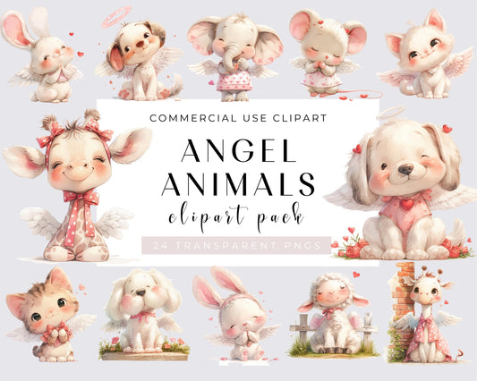 Watercolor Angel Animals Clipart, 24 PNG Animals Clipart, Cute Baby Animals Bundle, Nursery Animals, Commercial Use