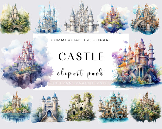 Castle Clipart Bundle, Watercolor Castle PNG, Blue Castle Clipart, Cinderella, Fairytale Clipart, 39 High Quality PNGs, Download, Commercial