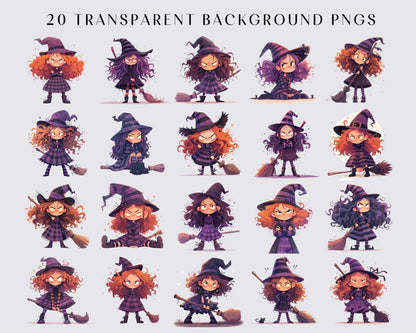 20 Quirky Witch Girl Clipart, Halloween Witch, Whimsical Witch, Watercolor PNGs, Instant Download, Haloween theme, Cute Witch, Commercial