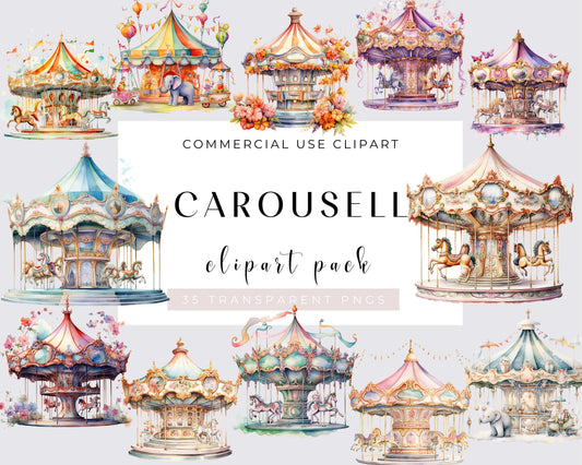 Carousel Watercolor Clipart, Carousel Horse, Carousel Nursery Art, Baby Shower, Carnival Clipart, Carousel Pony, Commerical, 35 PNGs