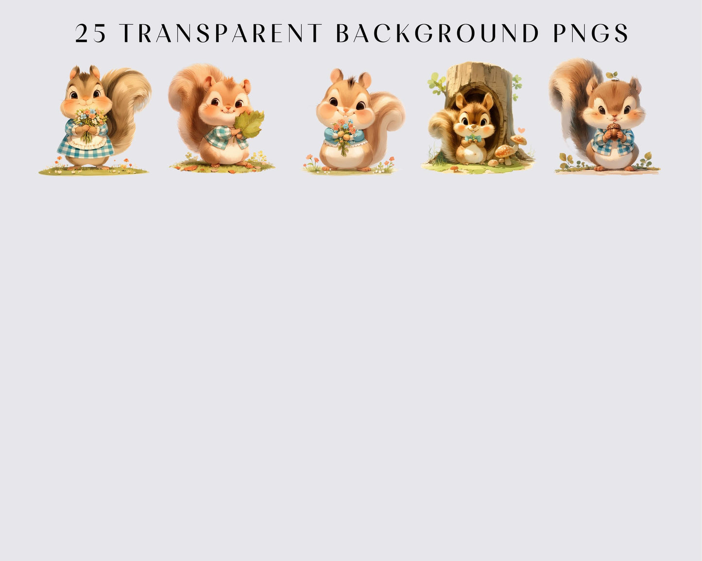 Watercolor Cute Baby Squirrel Clipart Bundle, Baby Animals, 25 Transparent PNG, Nursery Clipart, Baby Shower, Printable, Scrapbooking