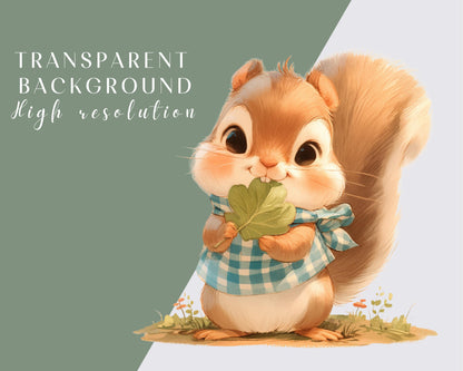 Watercolor Cute Baby Squirrel Clipart Bundle, Baby Animals, 25 Transparent PNG, Nursery Clipart, Baby Shower, Printable, Scrapbooking