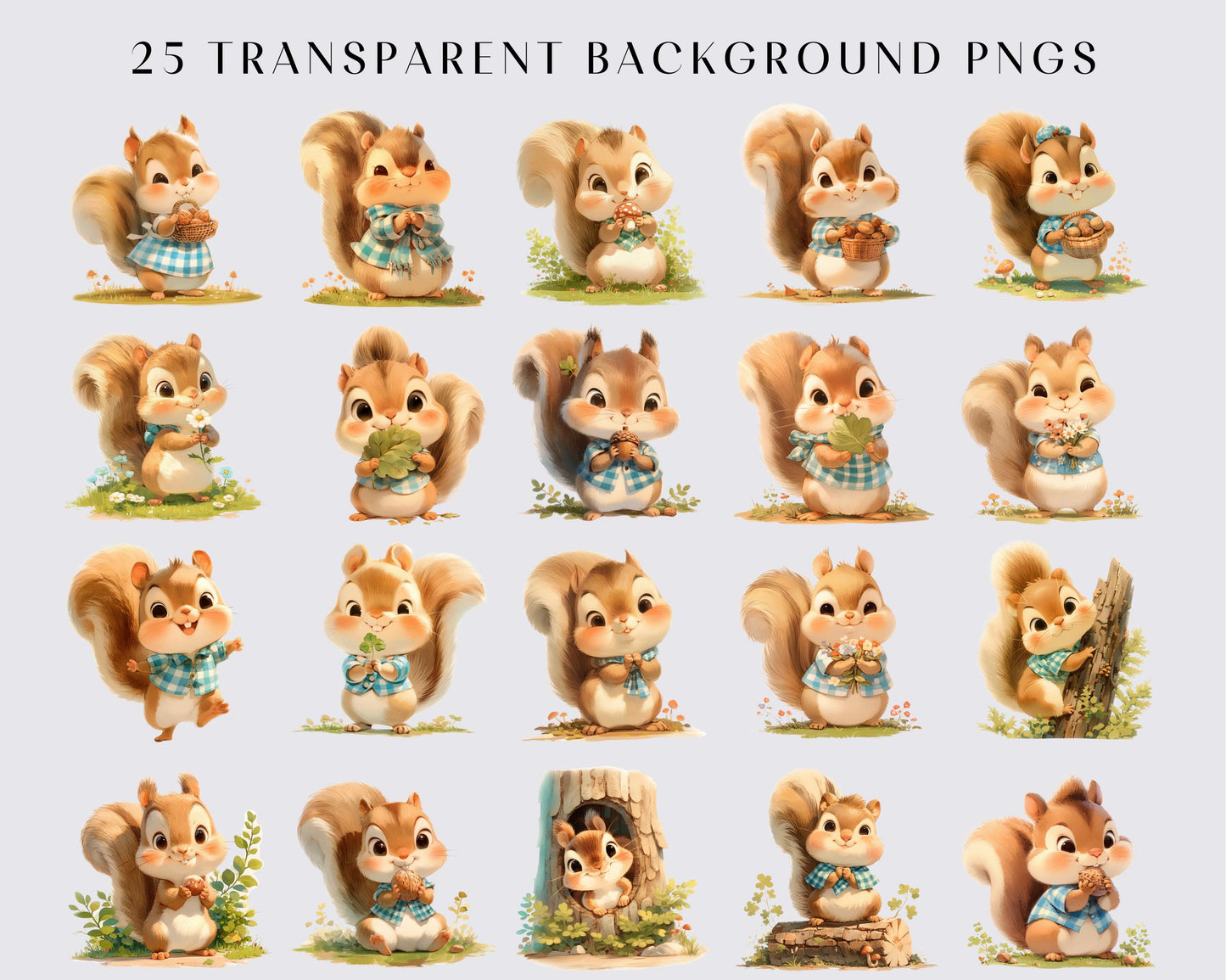 Watercolor Cute Baby Squirrel Clipart Bundle, Baby Animals, 25 Transparent PNG, Nursery Clipart, Baby Shower, Printable, Scrapbooking