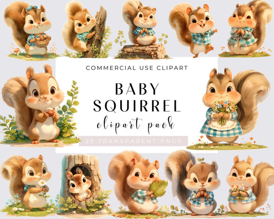 Watercolor Cute Baby Squirrel Clipart Bundle, Baby Animals, 25 Transparent PNG, Nursery Clipart, Baby Shower, Printable, Scrapbooking