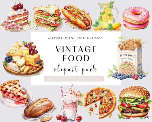 33 Watercolor Vintage Food Clipart, Watercolor Rustic Food Clipart bundle, Rustic vintage Food Instant Download, Commercial Use