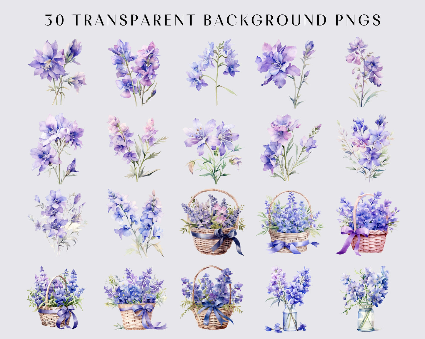 Watercolor Larkspur Clipart - Spring wedding flowers, Floral, Flower clipart, 30 PNGs, Instant download, Commercial use