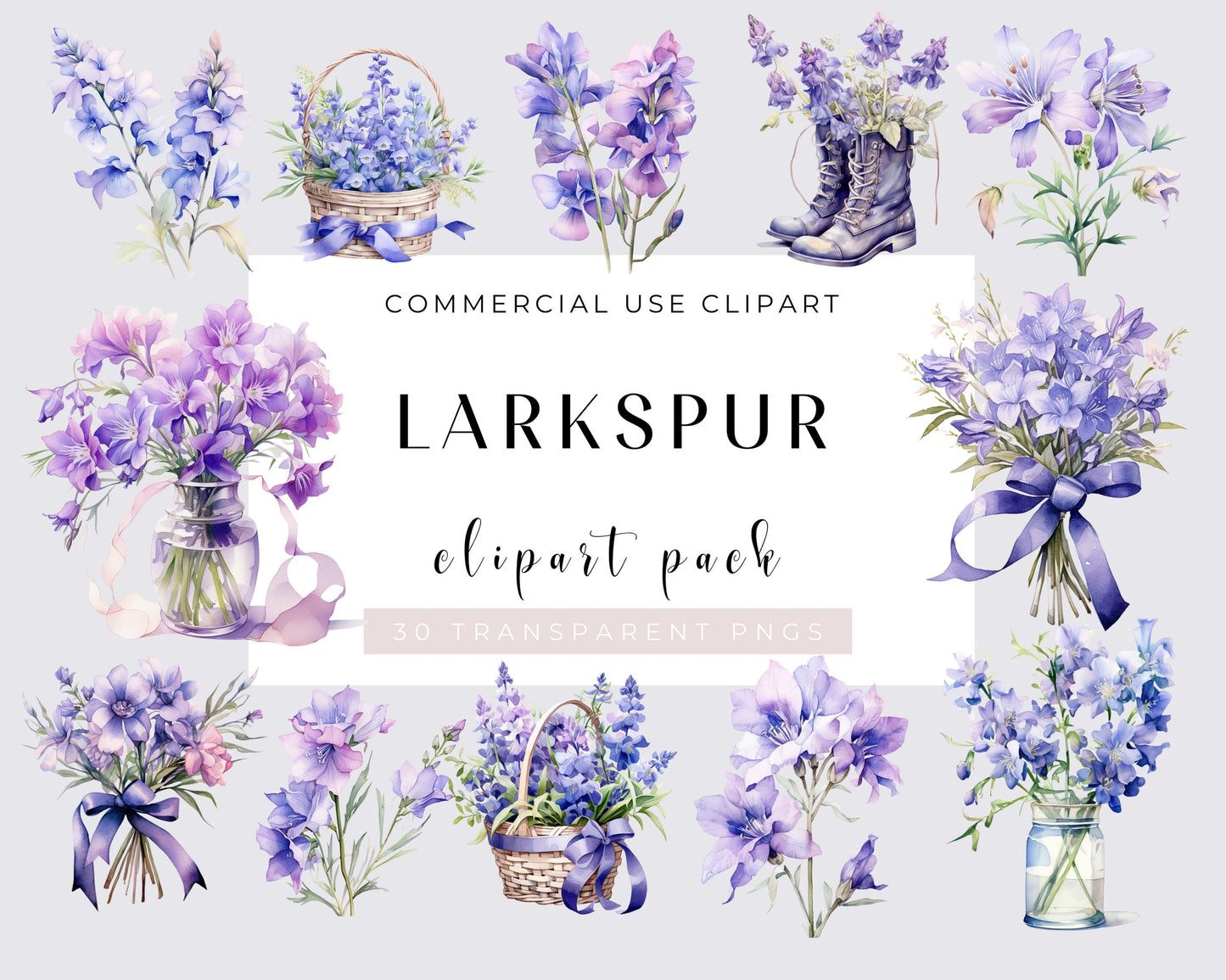 Watercolor Larkspur Clipart - Spring wedding flowers, Floral, Flower clipart, 30 PNGs, Instant download, Commercial use